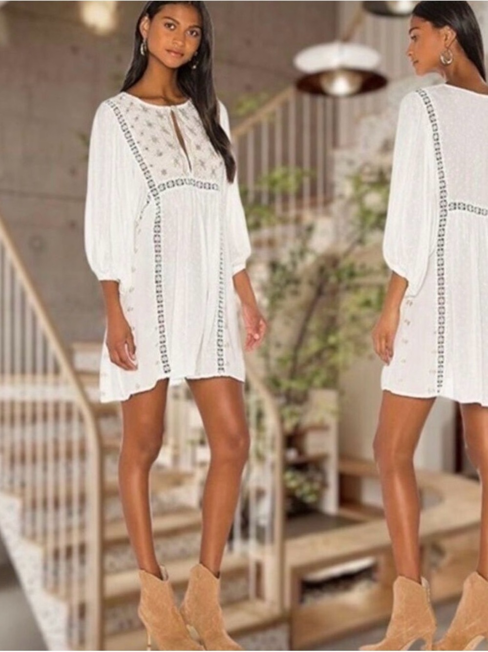 Free People White Boho Embroidered Tunic with Gold Accents